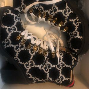 Gucci Black & White Tweed Gg Ankle Boots/Booties